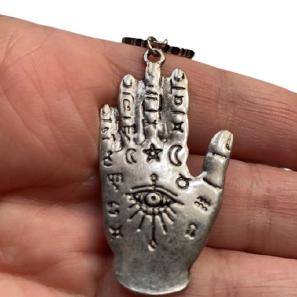 Hamsa, Fatima's hand + evil eye palm dangle silver tone large earrings - Picture 3 of 8
